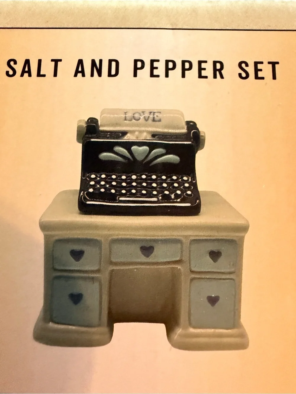 New Crate & Barrel Salt & Pepper Shaker Set Desk & Typewriter Love Blue Black
